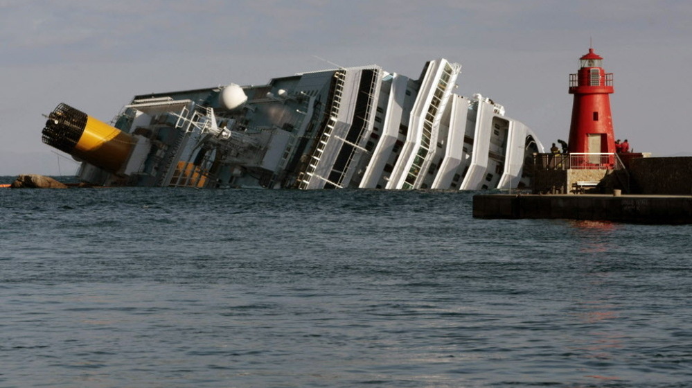 The cruise ship Costa Concordia leans on its side off the tiny Tuscan island of Giglio, Italy.