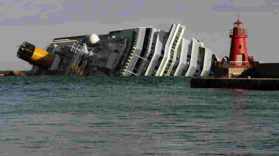 The cruise ship Costa Concordia leans on its side off the tiny Tuscan island of Giglio, Italy.