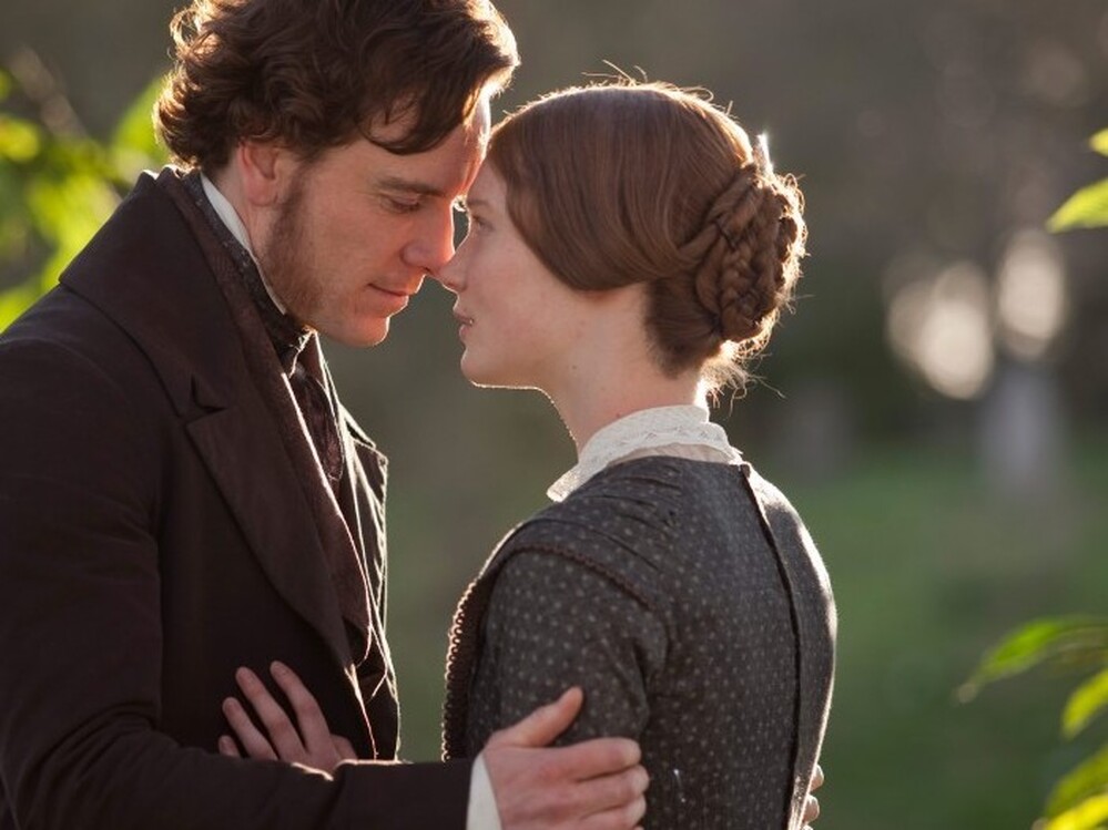 Michael Fassbender (left, with Mia Wasikowska) is Jane's employer and eventual lover, Rochester, in Jane Eyre.