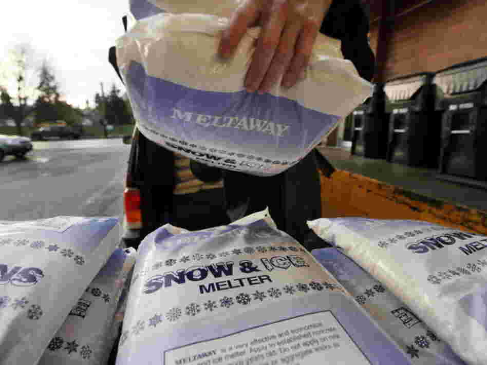 Bags of a deicing product were being stacked outside a hardware store in Seattle on Tuesday, as folks prepared for today's bad weather.