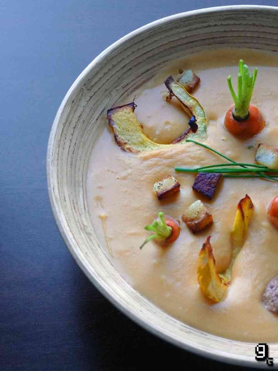 A warm potato-pumpkin soup for winter, or...