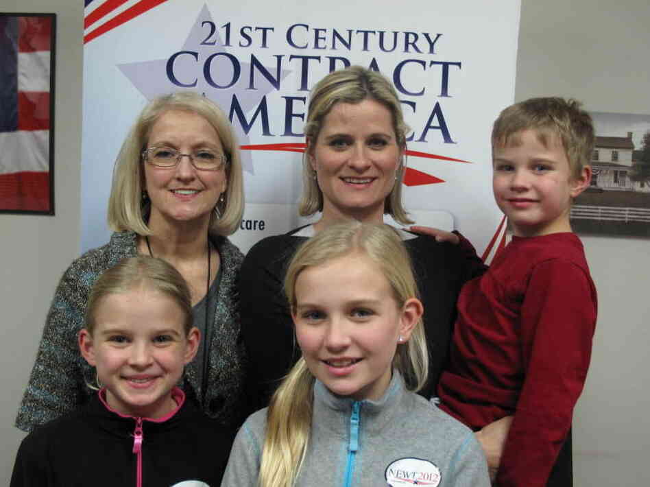 The family poses for a snapshot at Newt Gingrich's campaign headquarters in Greenville, S.C. Back row, left to right: grandmother Carolyn Ball with her daughter, Sondra Ziegler; Ziegler's 5-year-old son, Sam.   Front row, left to right: 9-year-old Alexandra and 10-year-old Abigail Ziegler. 