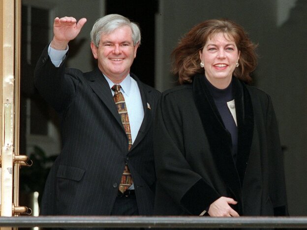 Former House Speaker Newt Gingrich and his then-wife, Marianne, leave their home on Jan. 7, 1997. 