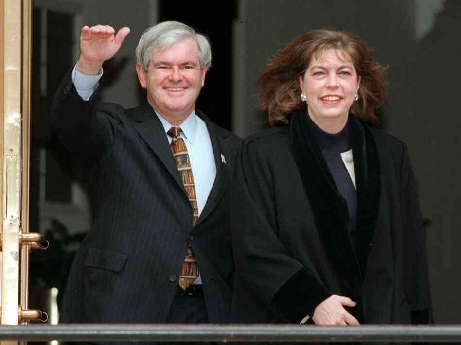 Former House Speaker Newt Gingrich and his then-wife, Marianne, leave their home on Jan. 7, 1997. 