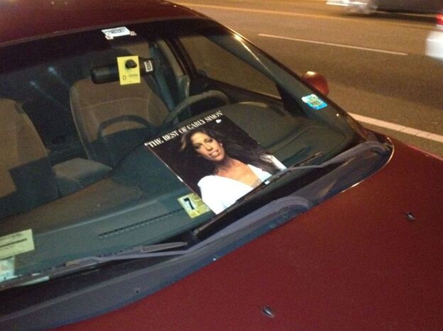 Carly Simon's album stuck on a windshield in Washington.
