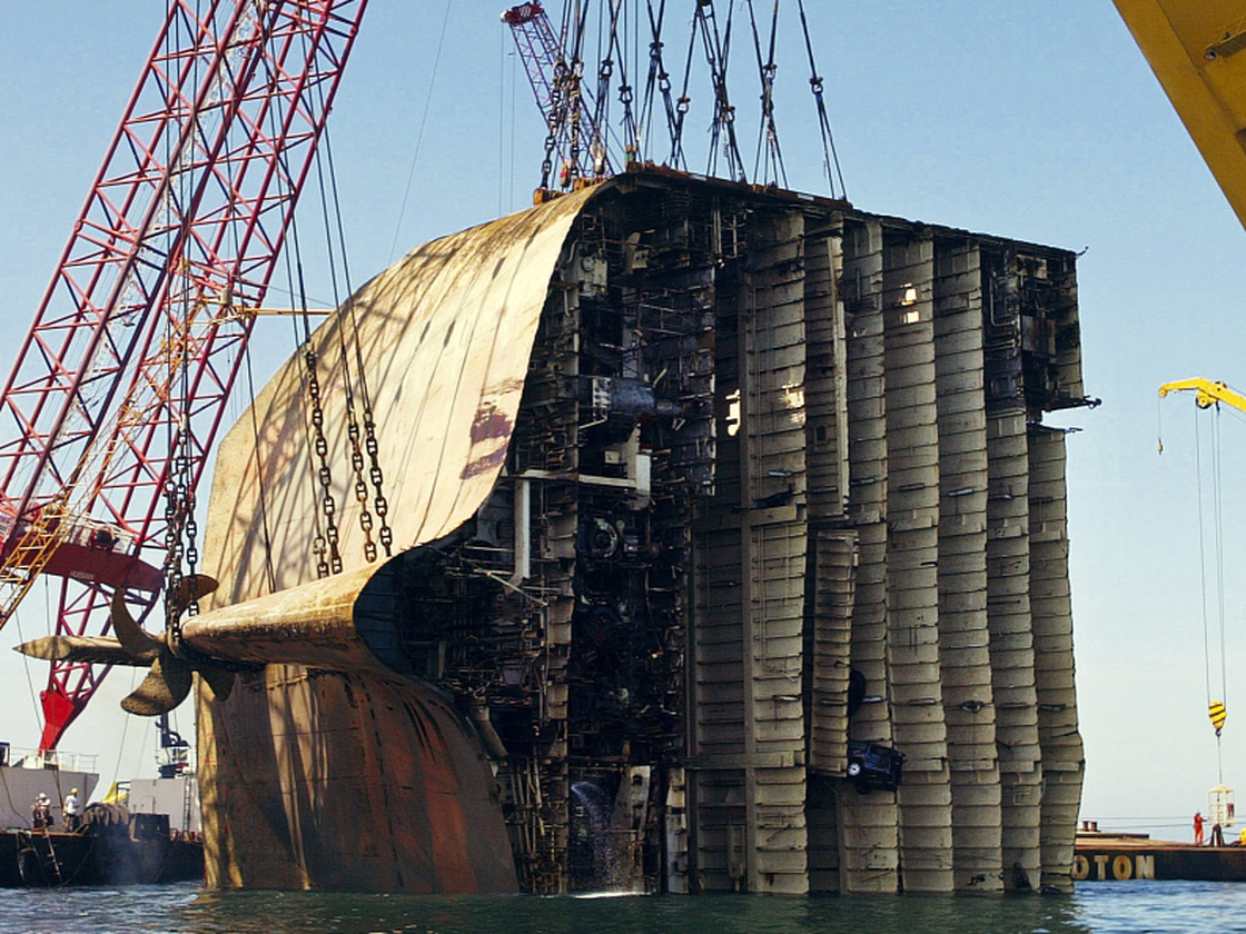 Salvage experts used a wire saw to slice the Norwegian-registered tanker Tricolor into nine sections after it sank in the English Channel nearly a decade ago. 