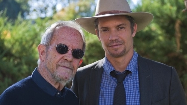 Crime novelist Elmore Leonard (left) with Justified star Timothy Olyphant. (Courtesy of FX)