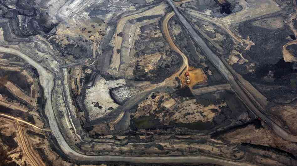 The Syncrude tar sands mine in Alberta, Canada. Alberta's tar sands would supply the oil for the prospective Keystone XL pipeline.