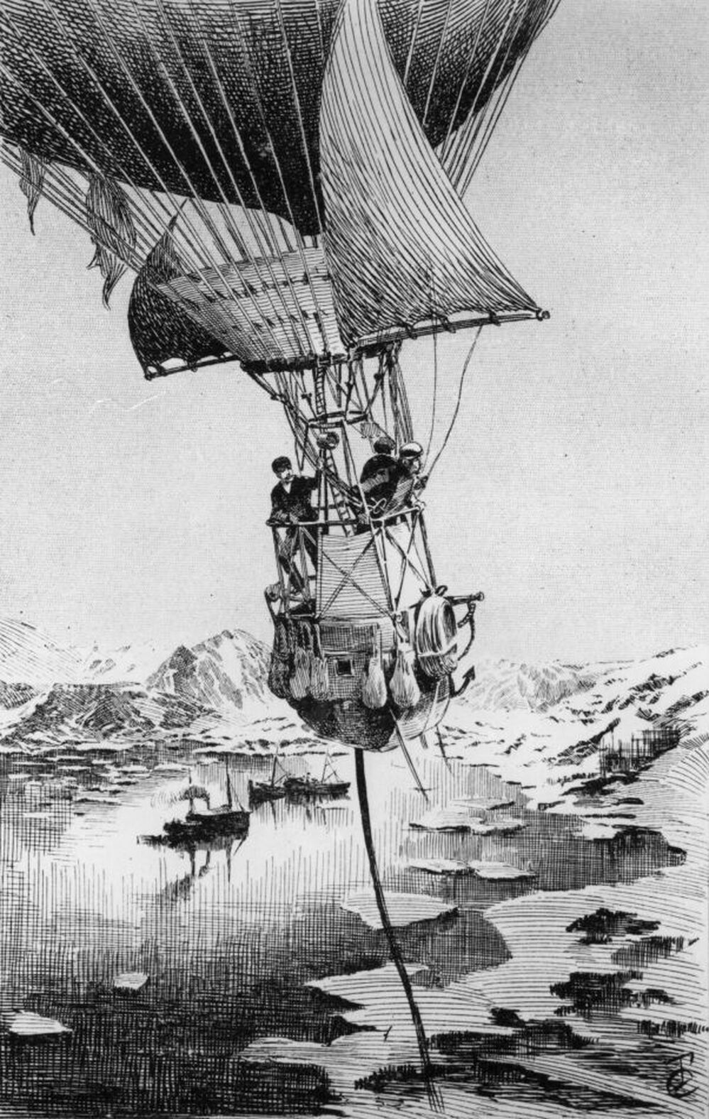 An illustration from Joseph Lecornu's 1903 book La Navigation Aerienne depicts Swedish explorer S.A. Andree taking off in a hydrogen balloon on an ill-fated expedition to the North Pole in July 1897.