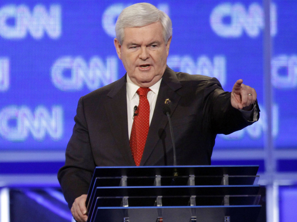 Former House Speaker Newt Gingrich participates in the Republican presidential candidate debate in Charleston, S.C., Thursday.