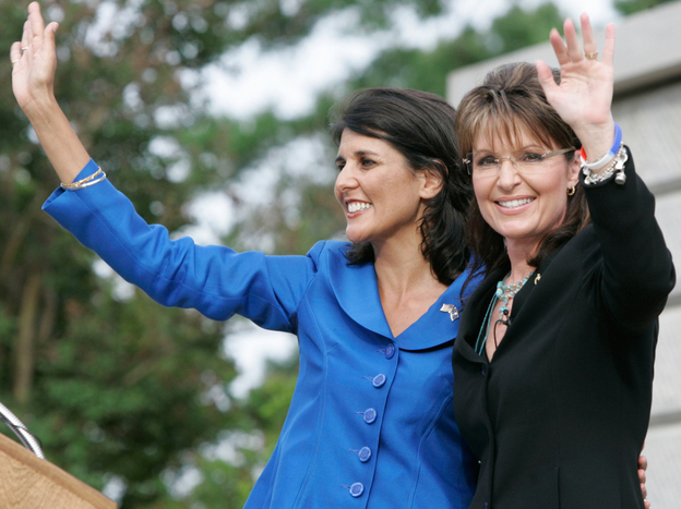 Former Alaska Gov. Sarah Palin and then-gubernatorial candidate Nikki Haley (left) attend a 2010 rally in Columbia, S.C. 