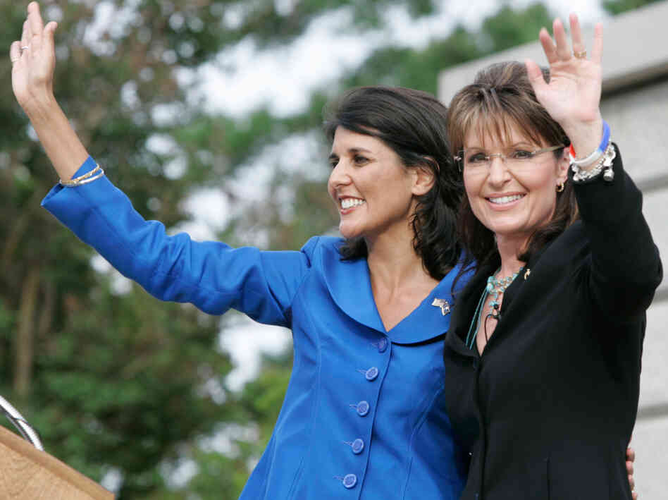 Former Alaska Gov. Sarah Palin and then-gubernatorial candidate Nikki Haley (left) attend a 2010 rally in Columbia, S.C. 