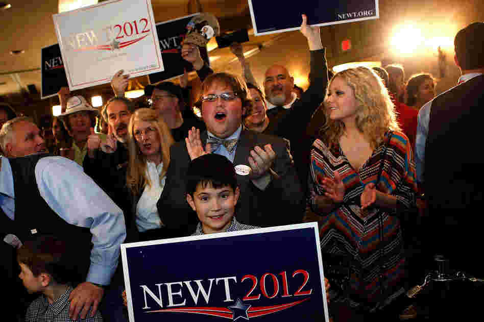 Gingrich supporters celebrate his win at a rally in Columbia. 