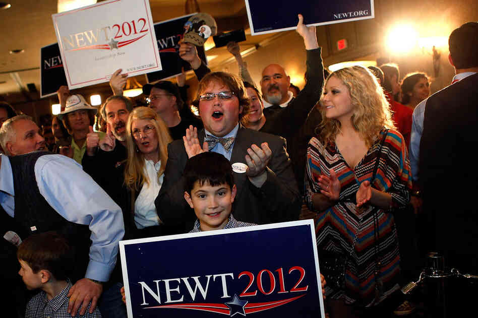 Gingrich supporters celebrate his win at a rally in Columbia. 