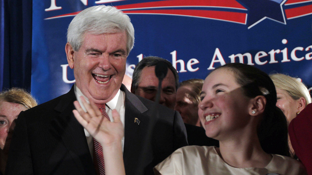 Former House Speaker Newt Gingrich with granddaughter Maggie Cushman celebrate Gingrich's victory in the South Carolina primary on Saturday night in Columbia, S.C. 
