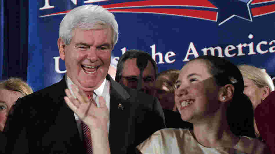 Former House Speaker Newt Gingrich with granddaughter Maggie Cushman celebrate Gingrich's victory in the South Carolina primary on Saturday night in Columbia, S.C. 