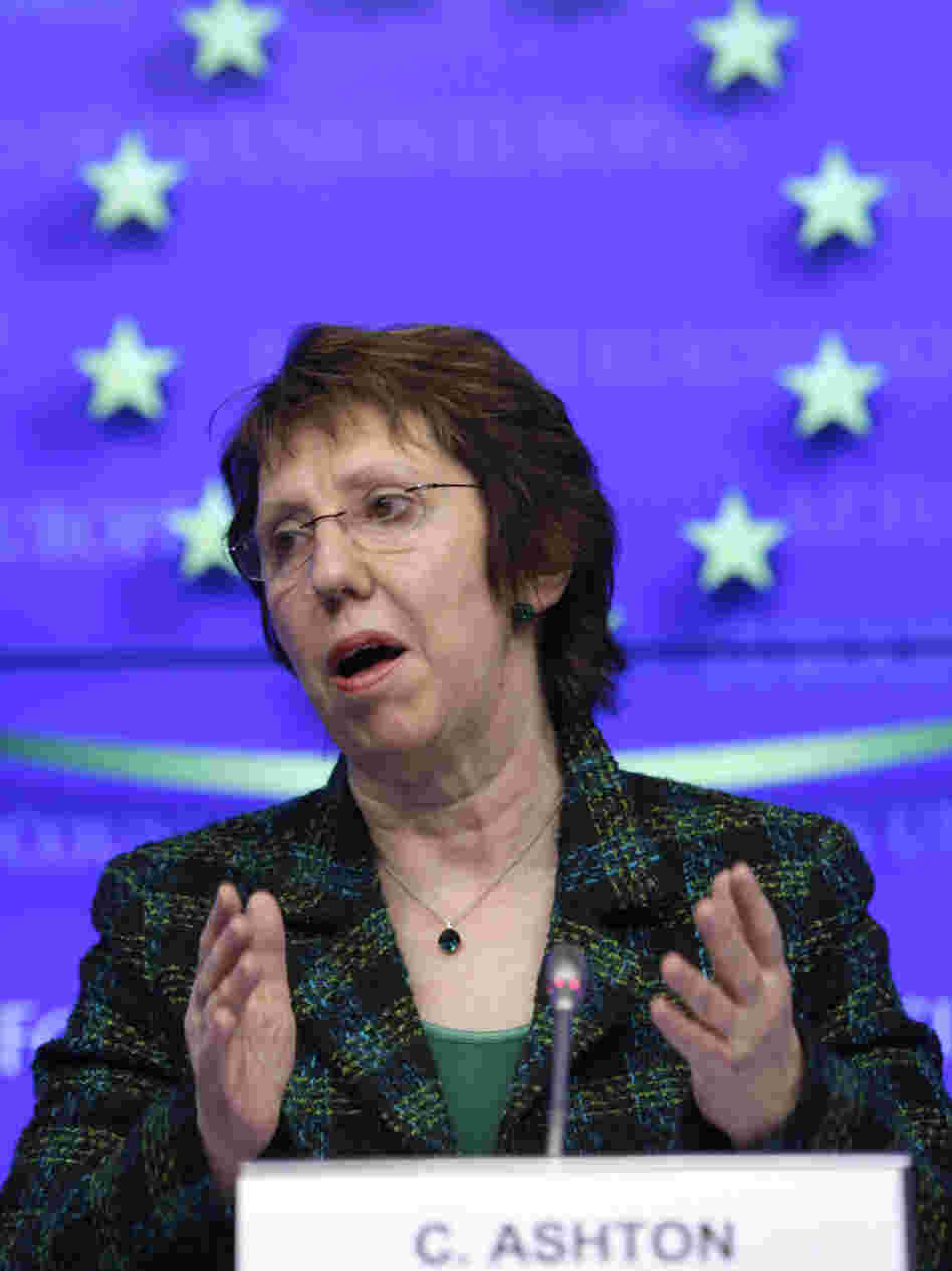 Catherine Ashton, the European Union foreign policy chief, speaks in Brussels on Monday following a meeting of EU foreign ministers. The EU has agreed to an embargo on buying oil from Iran in the latest sanction against that country for its nuclear program.