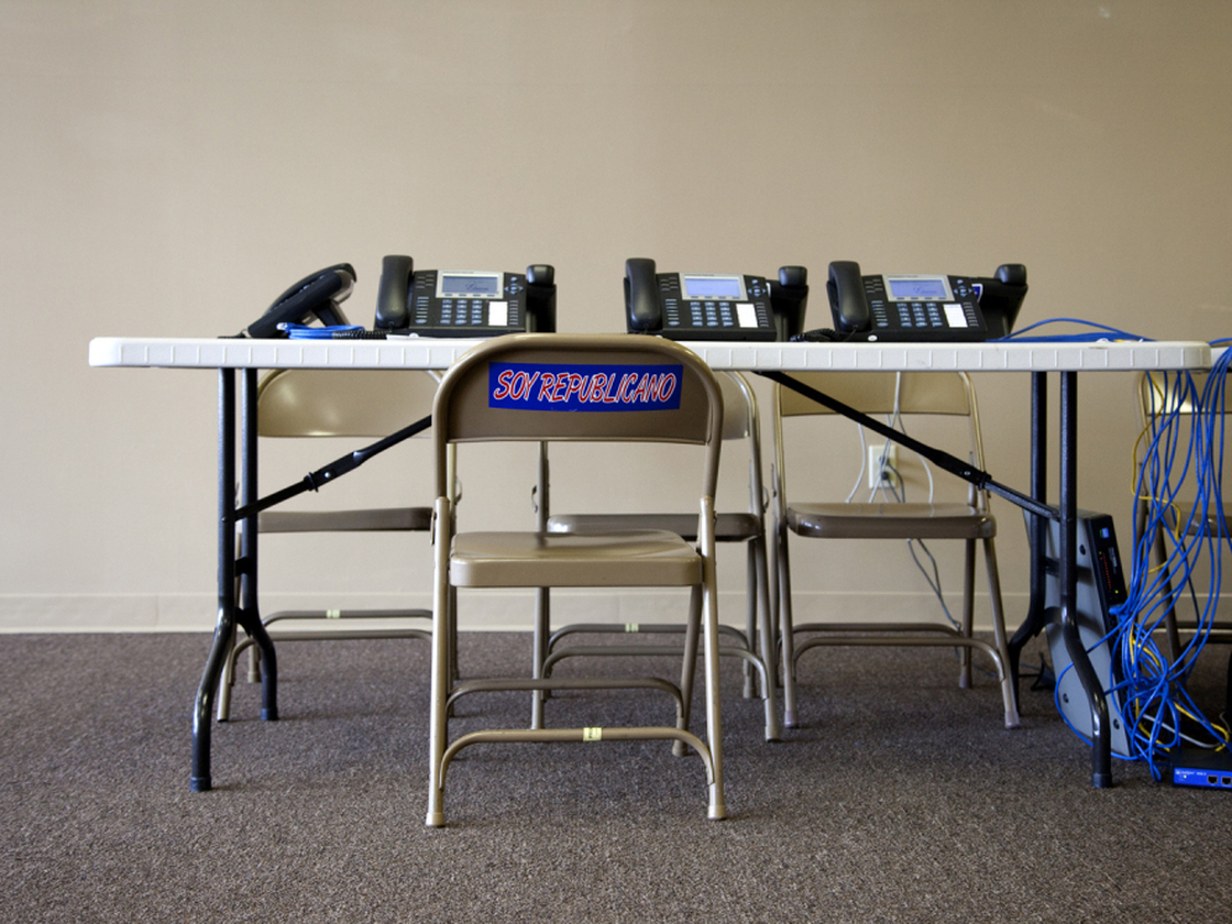 A bumper sticker on a chair at Newt Gingrich's campaign headquarters in Orlando, Fla., reads Soy Republicano — "I am a Republican."