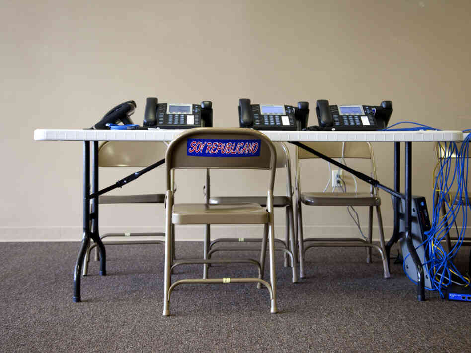 A bumper sticker on a chair at Newt Gingrich's campaign headquarters in Orlando, Fla., reads Soy Republicano — "I am a Republican."