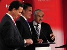 Republican presidential hopefuls Rick Santorum, Mitt Romney, Newt Gingrich and Ron Paultake part in The Republican Presidential Debate at University of South Florida in Tampa, Florida, January 23, 2012. Republican presidential hopefuls Rick Santorum, Mitt Romney, Newt Gingrich and Ron Paultake part in The Republican Presidential Debate at University of South Florida in Tampa, Florida, January 23, 2012.