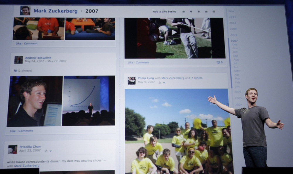 Facebook CEO Mark Zuckerberg shows Timeline during the f/8 conference in San Francisco in September.