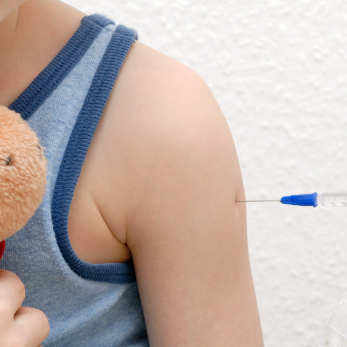 A boy holding a stuffed animal gets  immunized. 