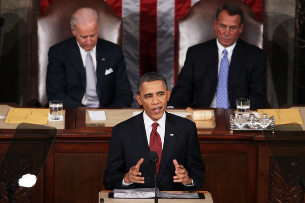 President Obama, flanked by Vice President Biden and Speaker of the House John Boehner, delivers his State of the Union speech Tuesday in Washington.