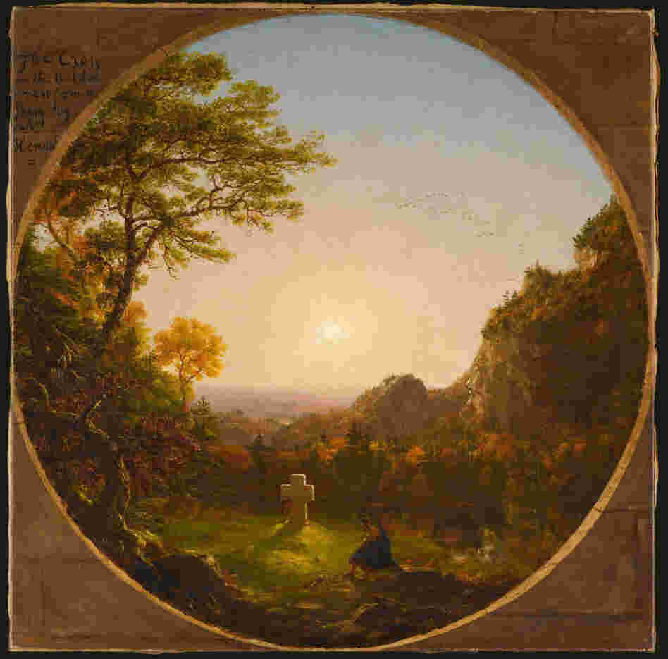 In Thomas Cole's Cross in the Wilderness, a Native American meditates in front of the burial cross of the pilgrim who converted him. 