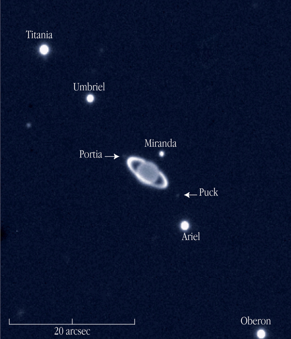 A near-infrared view of the giant planet Uranus with rings and some of its moons, taken by the European Southern Observatory in 2002.