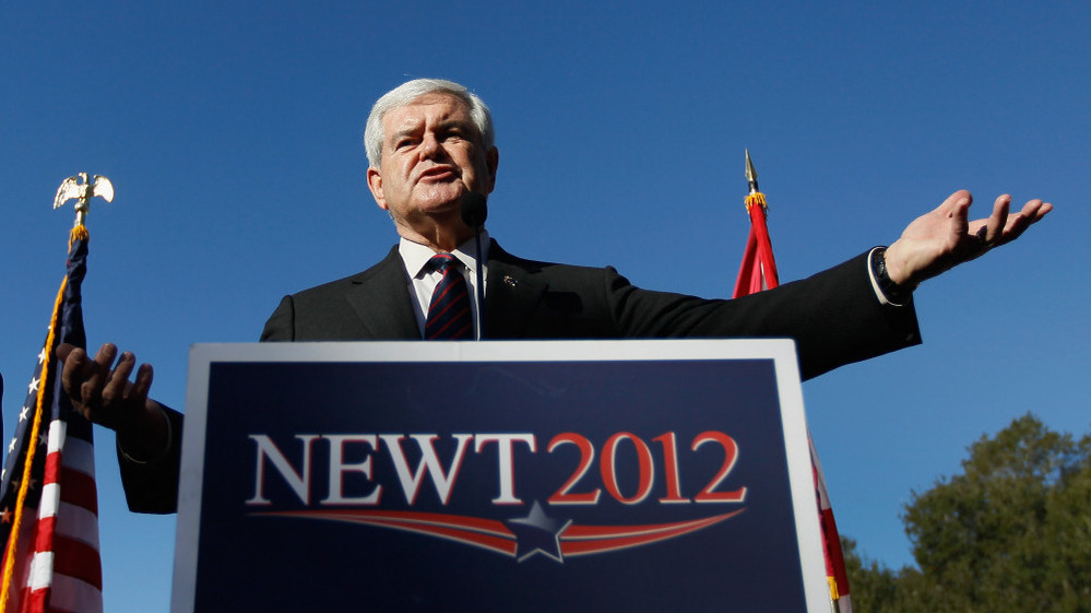 Republican presidential candidate Newt Gingrich speaks Thursday during a Lakeside Inn Tea Party rally in Mount Dora, Fla.