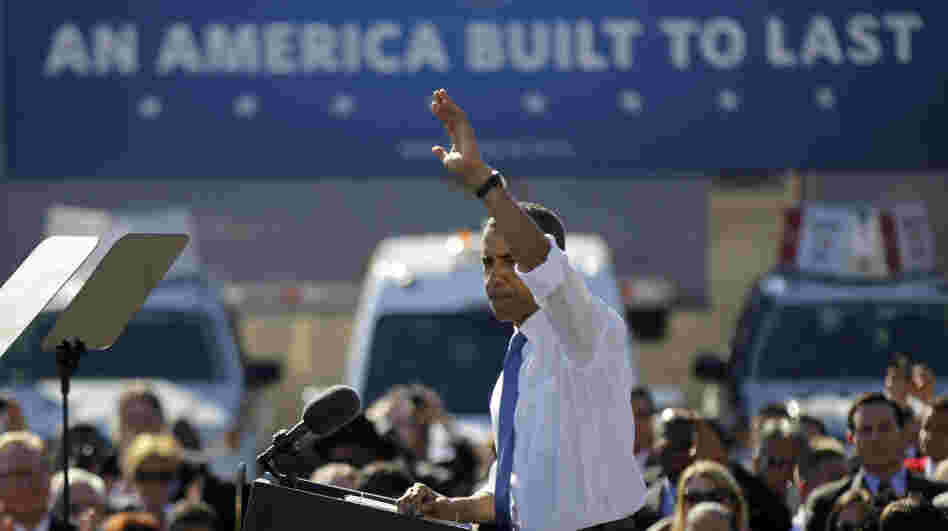 President Obama waves after speaking at a UPS facility in Las Vegas on Thursday. Nevada is one stop on the president's latest road trip focusing on the economy. 