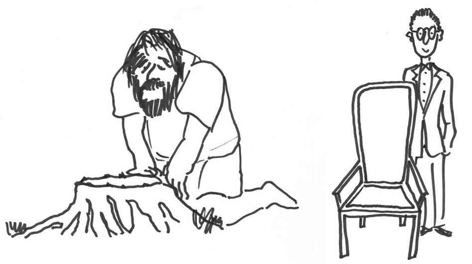 Cave man with stump and a man with a modern chair. Cave man with stump and a man with a modern chair.