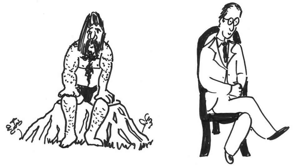 Cave man sitting on a stump and a man sitting on a modern chair. Cave man sitting on a stump and a man sitting on a modern chair.