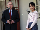 U.S. Senator Mitch McConnell talks as Myanmar pro-democracy leader Aung San Suu Kyi listens during a press conference after their meeting at her home in Yangon, Myanmar on Monday. U.S. Senator Mitch McConnell talks as Myanmar pro-democracy leader Aung San Suu Kyi listens during a press conference after their meeting at her home in Yangon, Myanmar on Monday.