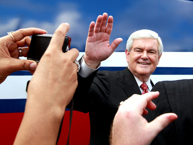 Newt Gingrich greets supporters during a rally at Wings Plus in Coral Springs, Fla., on Jan. 25. The GOP candidates meet in Jacksonville Thursday night for a final debate before Tuesday's primary. 