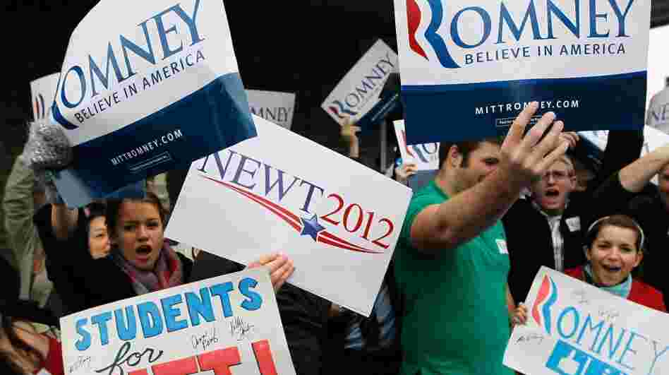 Supporters of the GOP candidates jockey for position outside Tommy's Country Ham House in Greenville, S.C., on Jan. 21, the day of the South Carolina primary.  