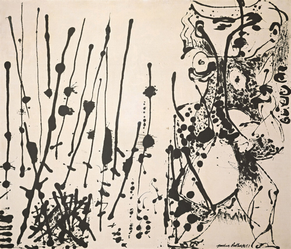 Influenced by Mexican and Native American art, Pollock popularized action-painting and drip style, as seen in Number 7, 1951. 