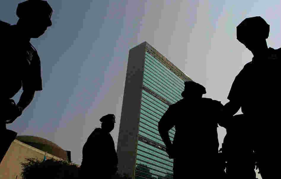 New York City Police officers stand guard in front of the United Nations buildings in 2005.