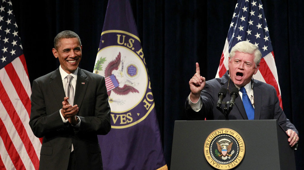 Rep. John Larson, a Connecticut Democrat., introduces President Obama at the House Democratic Issues Conference on Friday in Cambridge, Md.