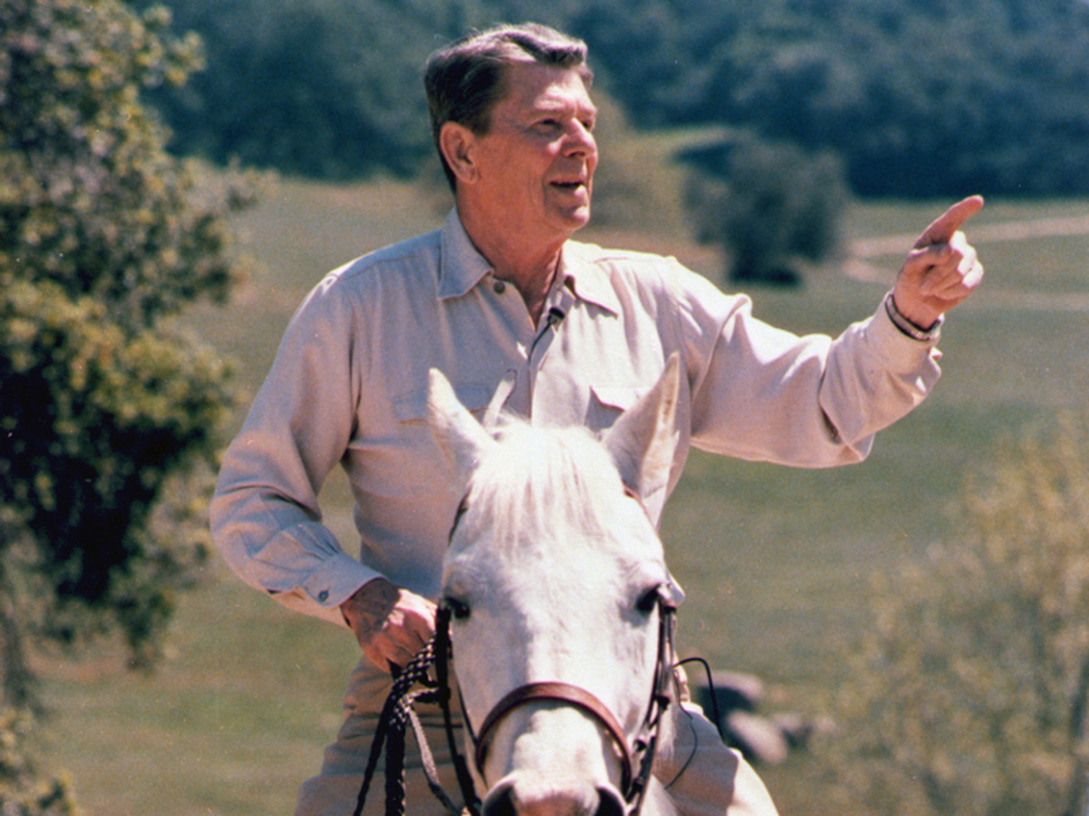 President Ronald Reagan rides his horse at his Rancho del Cielo, "Ranch in the Sky," located outside Santa Barbara, Calif., in April 1985. 