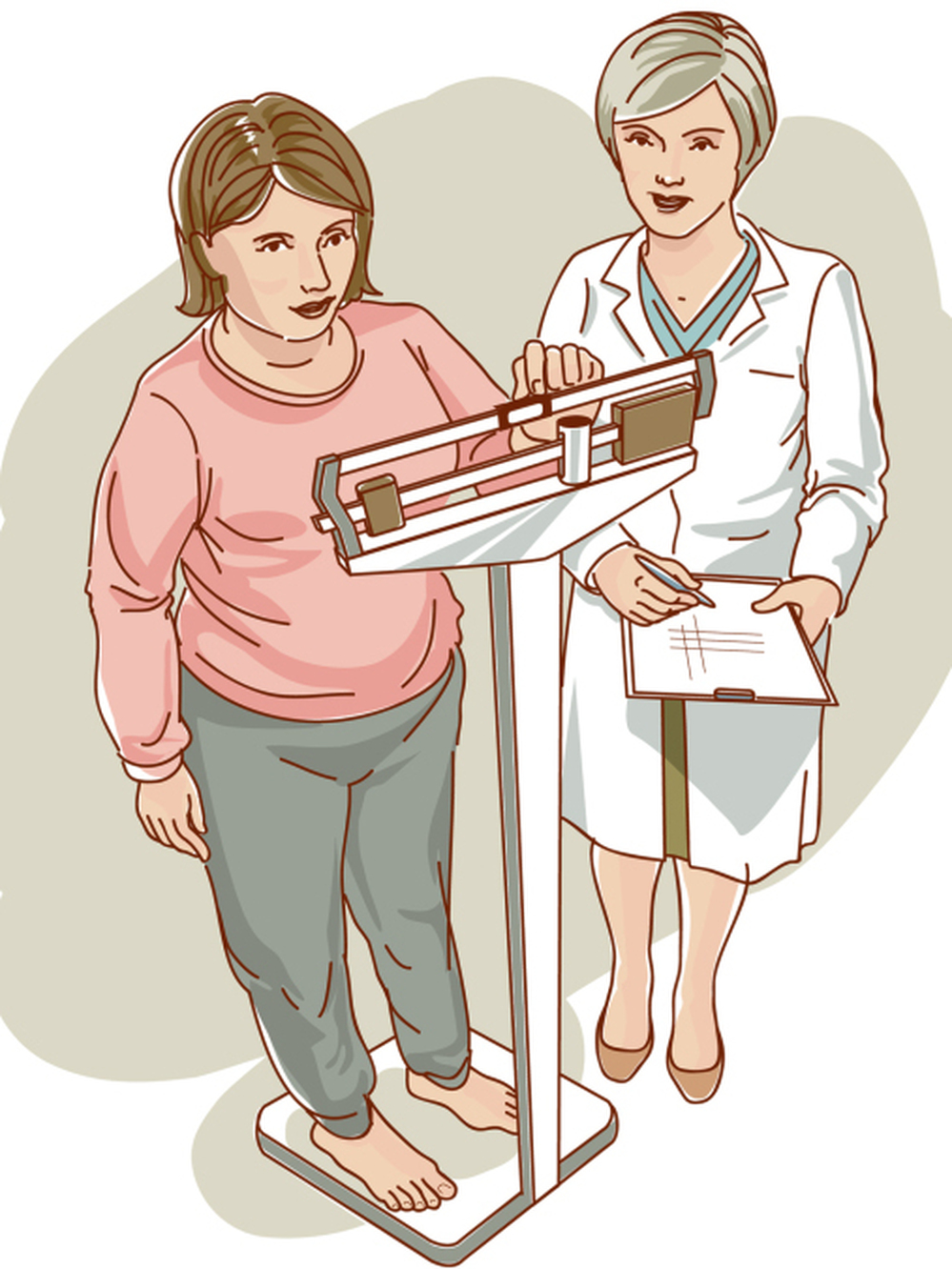 A doctor watches a patient on a scale.Â 