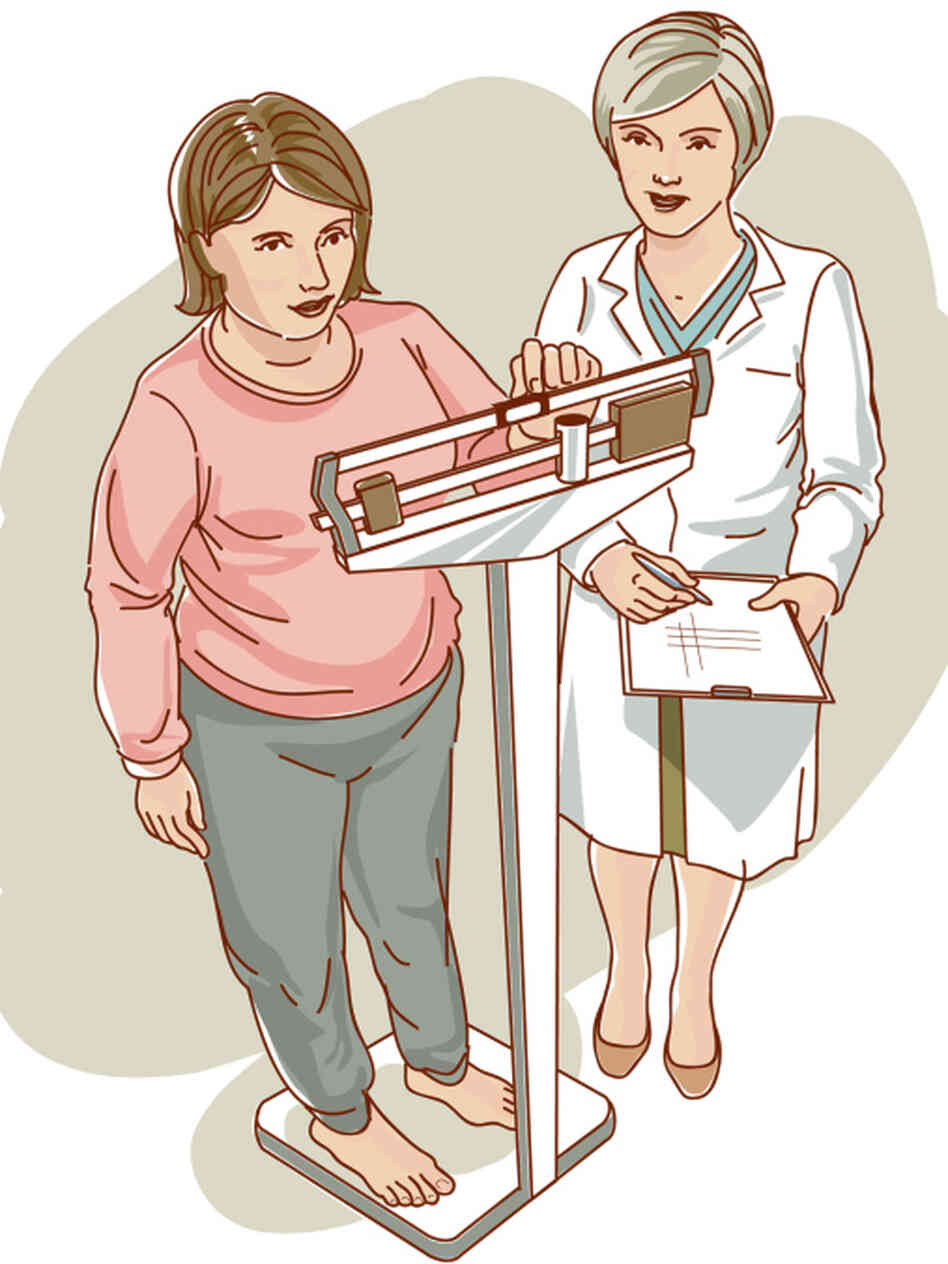 A doctor watches a patient on a scale.Â 