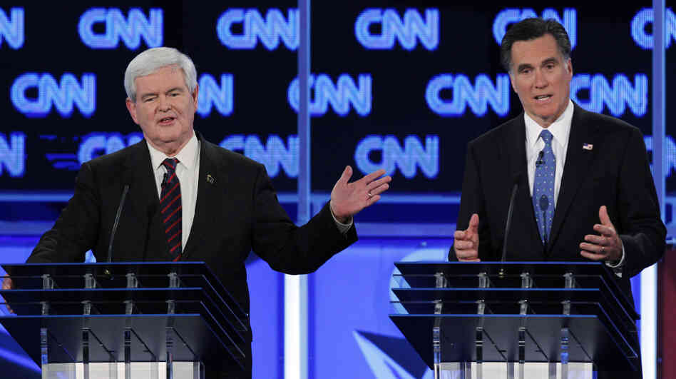 On Thursday night in Jacksonville, Fla., Mitt Romney (right) went after Newt Gingrich from the start on topics such as immigration and colonizing the moon. On Thursday night in Jacksonville, Fla., Mitt Romney (right) went after Newt Gingrich from the start on topics such as immigration and colonizing the moon.