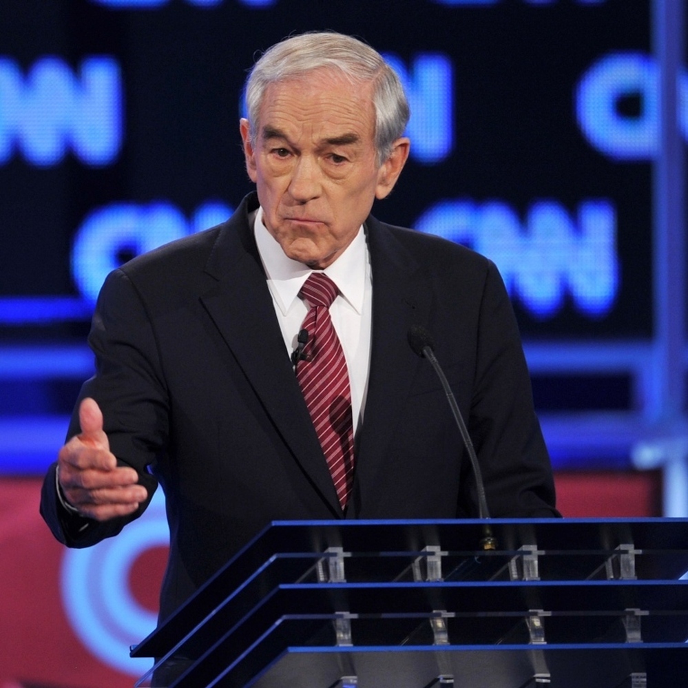 Rep. Ron Paul, R-Texas, during Thursday night's Republican presidential debate in Jacksonville, Fla.
