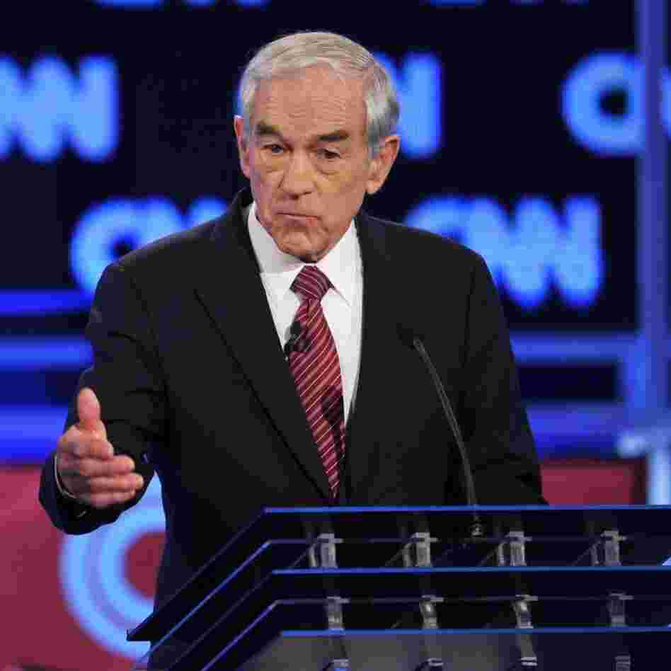 Rep. Ron Paul, R-Texas, during Thursday night's Republican presidential debate in Jacksonville, Fla.