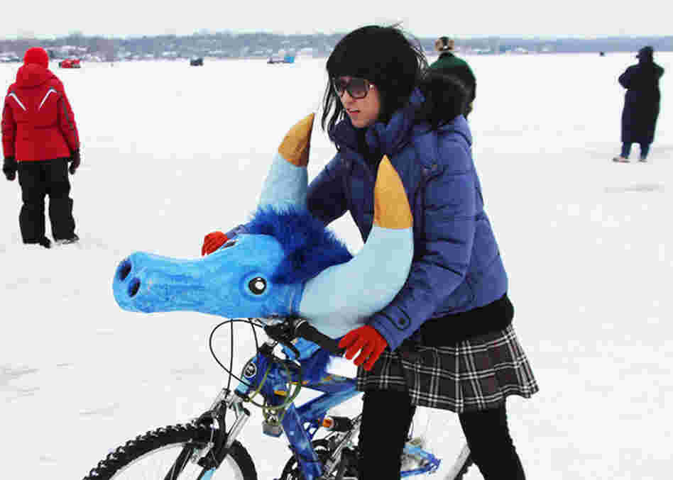 At the Art Shanty festival on Medicine Lake in Plymouth, Minn., the ICE-Cycles shanty uses a bit of fun (and weather-appropriate tires) to try to encourage wintertime bike riding. 