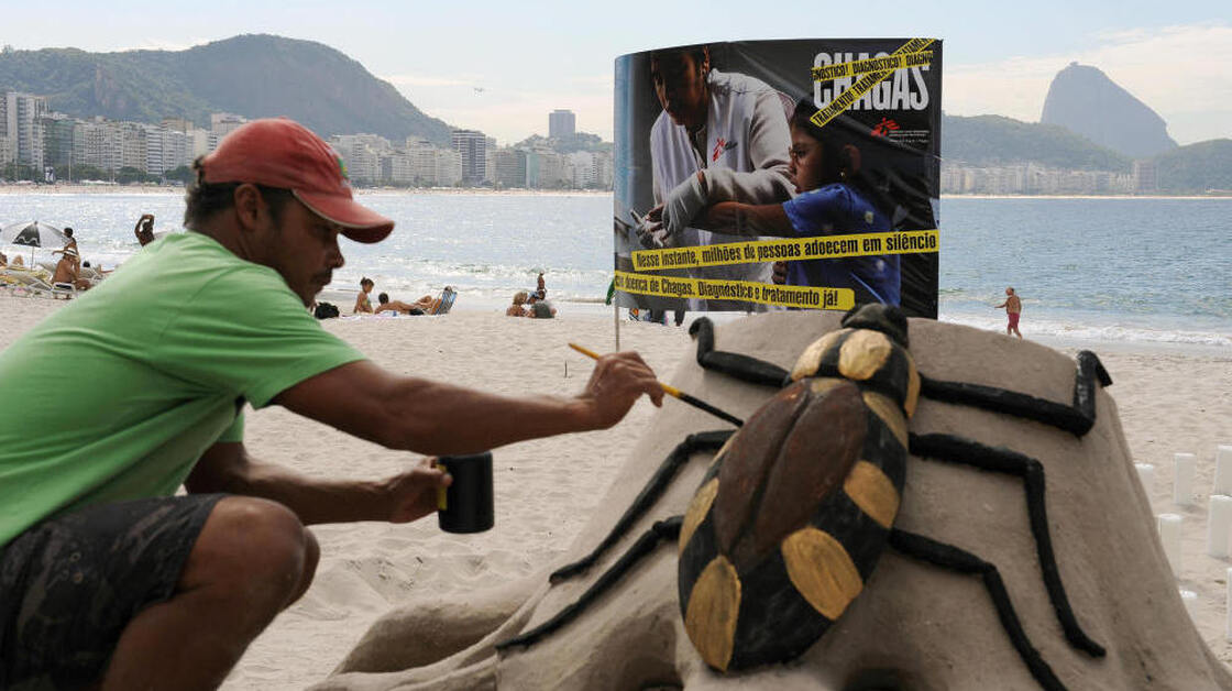 An artist on Rio de Janeiro's Copacabana beach puts the final touches on a sand sculpture of the assassin bug, which spreads Chagas disease. The sculpture was part of an event in 2009 commemorating the 100th anniversary of the discovery of the disease.