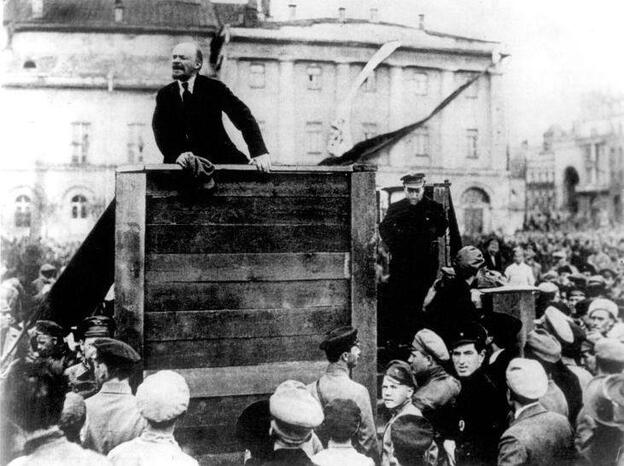 Lenin speaking to the troops in 1920 after Stalin had ordered that Leon Trotsky be removed from the photo.