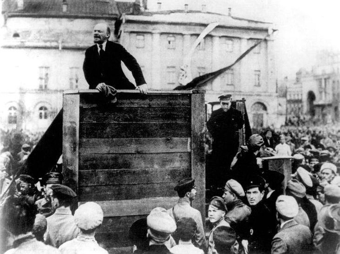 Lenin speaking to the troops in 1920 after Stalin had ordered that Leon Trotsky be removed from the photo.
