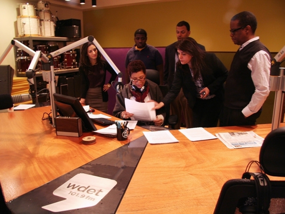 WDET staff members and Tell Me More producers help host Michel Martin prepare for her broadcast from Detroit. 